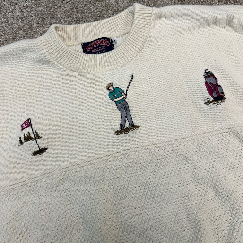 Vintage Nutmeg Mills Golf Crewneck Sweater Men Large Embroidered USA Made 90s